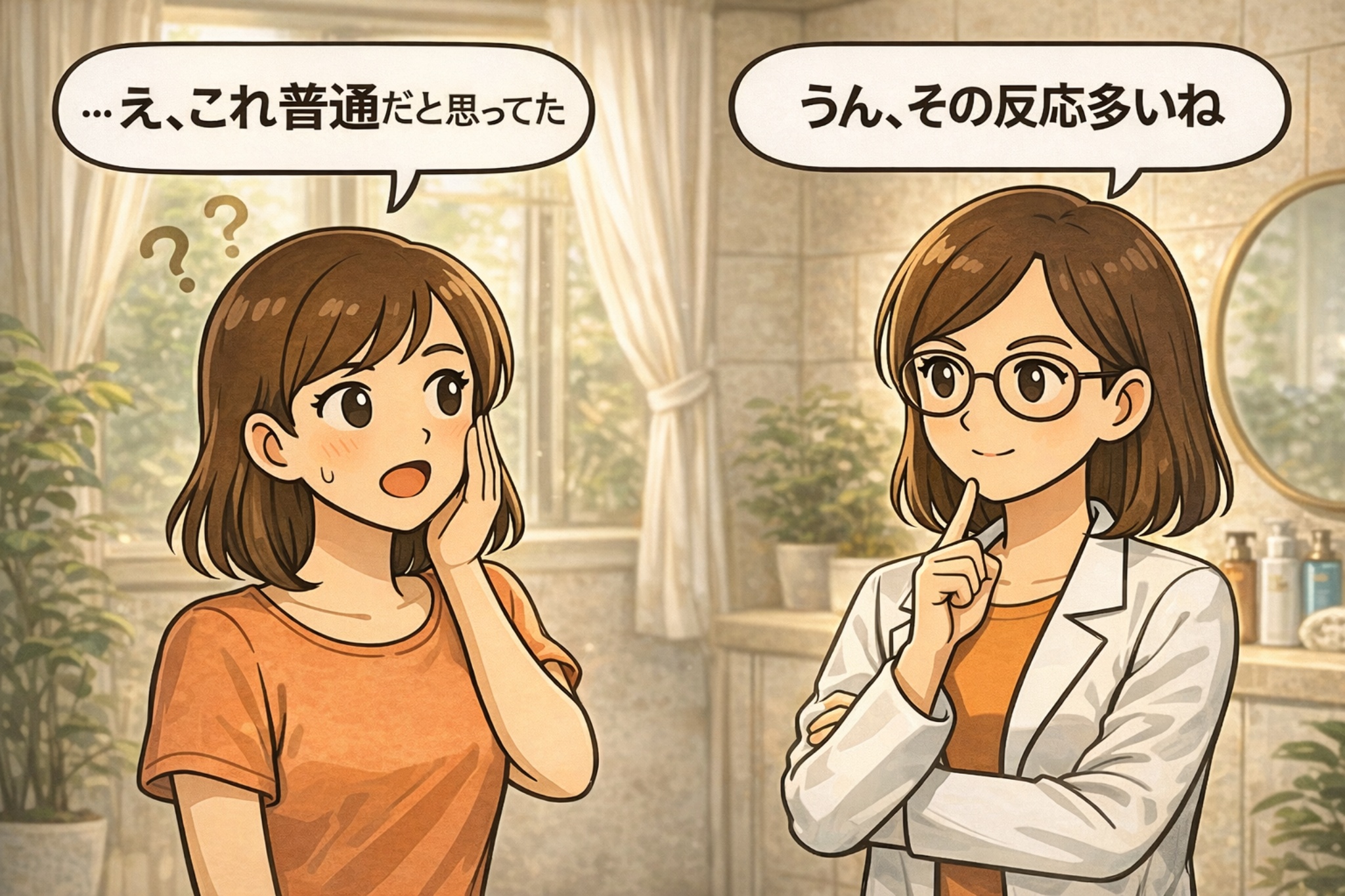 ビタミンCを使ったときに「かゆみ・チクチク」を感じて戸惑う女性と、白衣で眼鏡の女性が「その反応、多いよね」と落ち着いて受け止めるイラスト。洗面所を背景に、刺激の原因を見直す必要性を示し、ビタミンC使用時に確認すべきポイントがあることを示唆するアイキャッチ構図。
