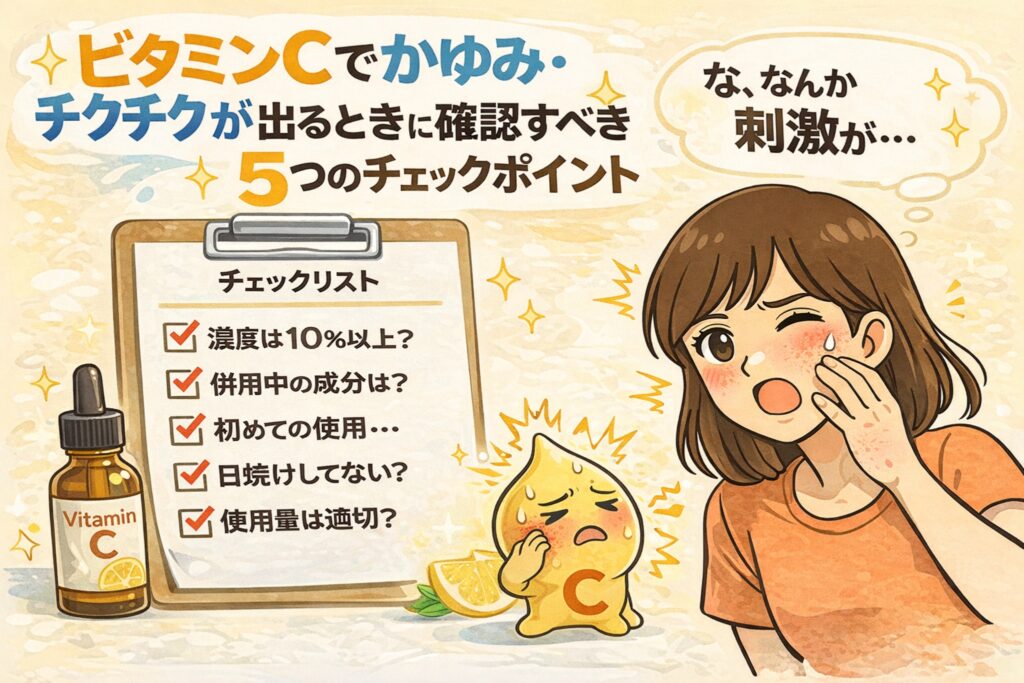 ビタミンC使用時にかゆみやチクチク感が出たときに確認すべき5つのチェックポイントを解説する図解イラスト。濃度や併用成分、使用開始時期、日焼けの有無、使用量をチェックリスト形式で示し、刺激を感じて頬を押さえる女性と擬人化されたビタミンC成分が描かれている。