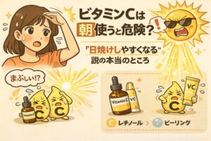 ビタミンCは朝使うと危険？という疑問をテーマにしたイラスト。日差しを気にする女性とサングラスをかけた太陽、日光に驚くビタミンCの擬人化キャラクター、ビタミンC美容液のボトルとチューブが描かれ、「日焼けしやすくなる説の本当のところ」を解説する構図。