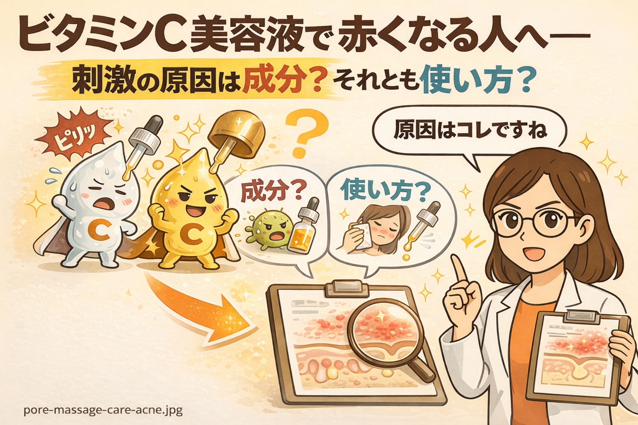 ビタミンC美容液で肌が赤くなる原因を解説する図解イラスト。刺激の原因が成分そのものなのか使い方なのかを、擬人化されたビタミンC成分と塗布方法の違い、肌断面図を用いて白衣の女性が説明している。