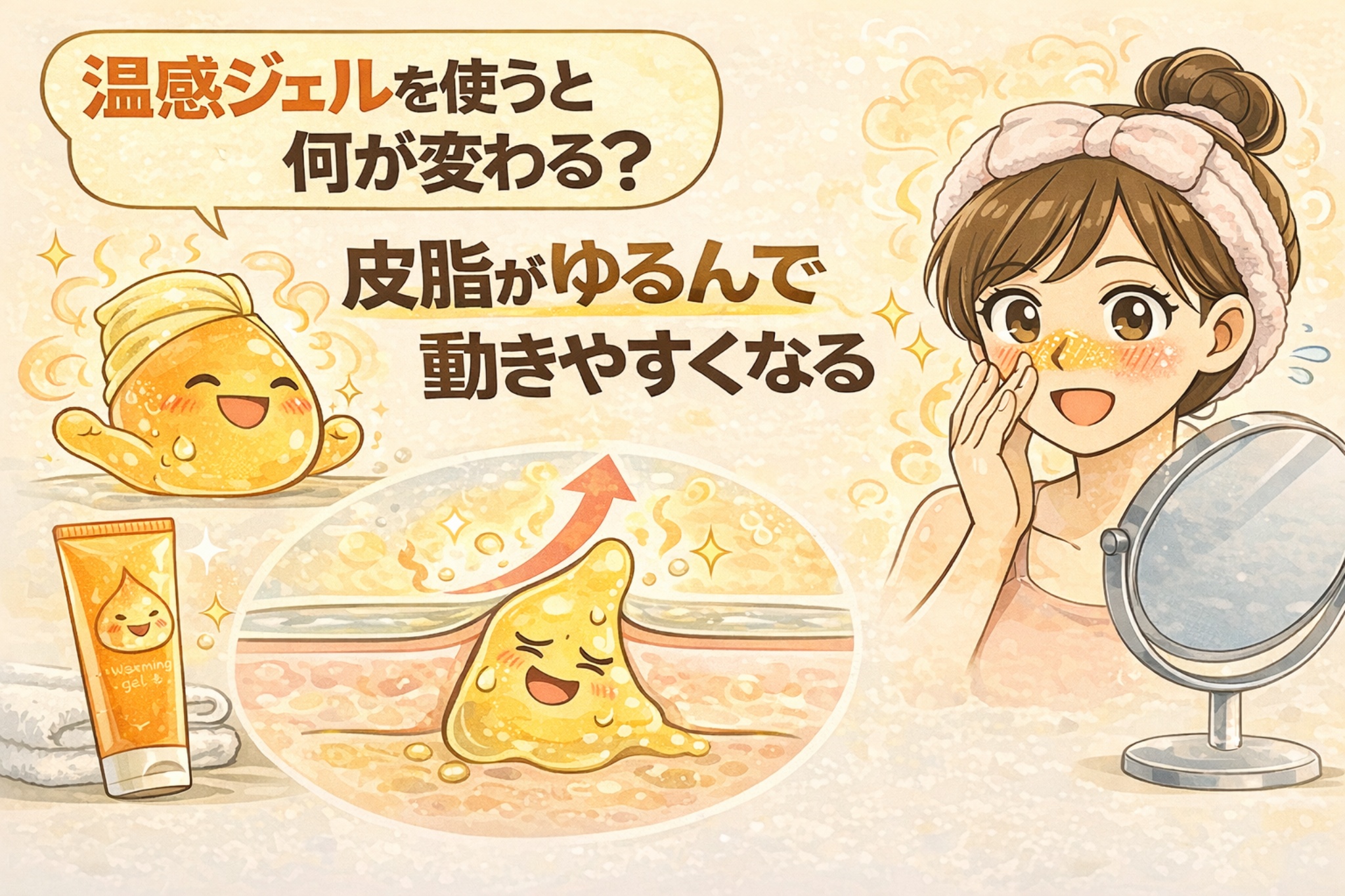 温感ジェルを使うことで皮脂が温まり、固さがゆるんで動きやすくなる仕組みを解説したイラスト。温感ジェルと皮脂の関係を、擬人化した皮脂キャラクターと毛穴断面の図解、スキンケア中の女性の様子で表現している。