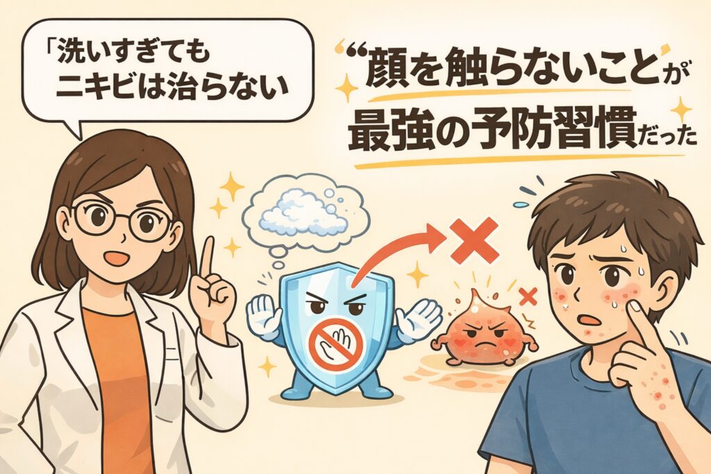白衣と眼鏡の女性研究者が「洗いすぎてもニキビは治らない」と説明し、盾のキャラクターが「顔を触らない」習慣を守る様子を描いたイラスト。顔を触ってニキビに悩む男性と、予防として“顔を触らないことが最強の習慣”であるというメッセージを視覚的に表現している。