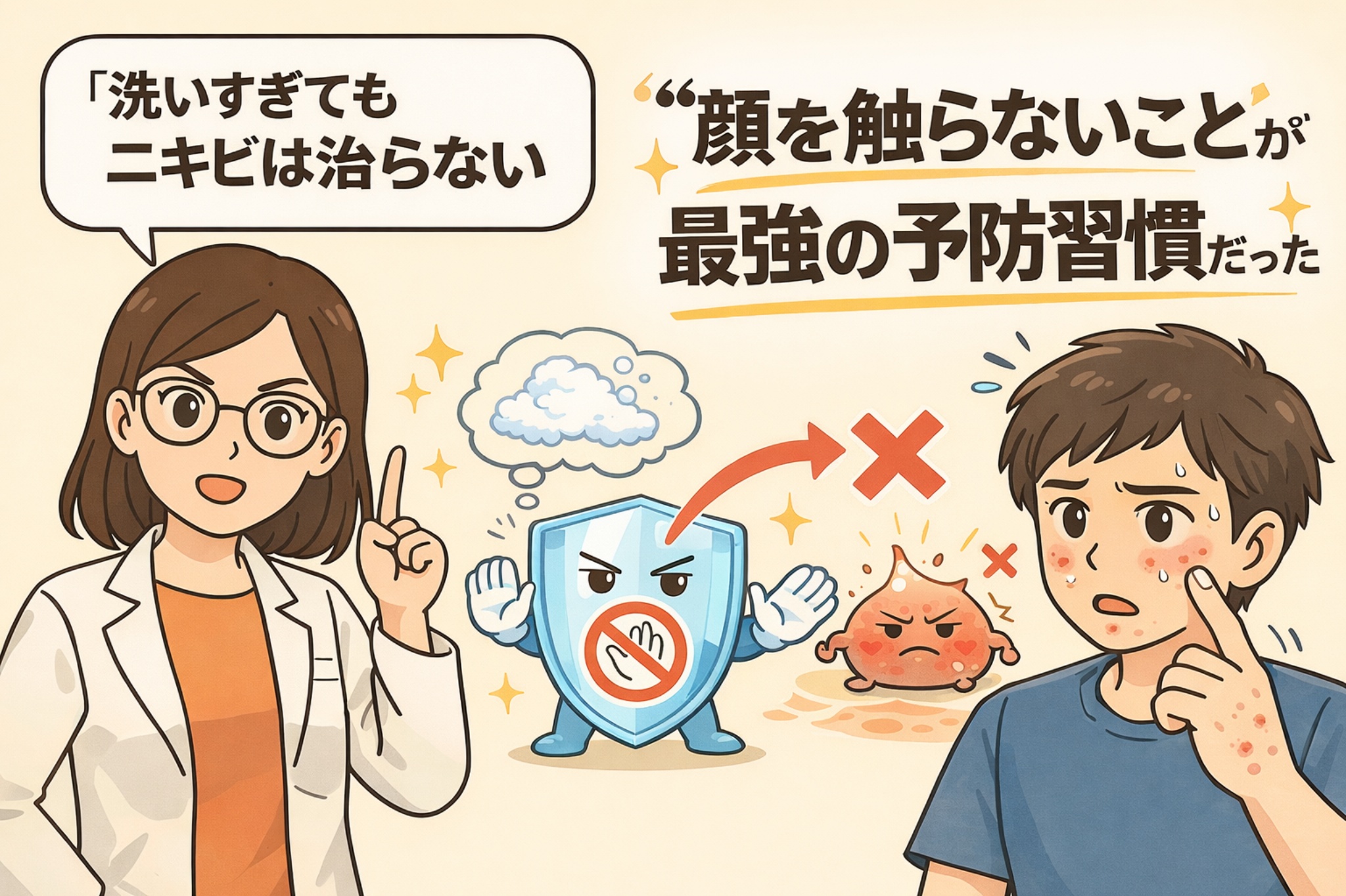 白衣と眼鏡の女性研究者が「洗いすぎてもニキビは治らない」と説明し、盾のキャラクターが「顔を触らない」習慣を守る様子を描いたイラスト。顔を触ってニキビに悩む男性と、予防として“顔を触らないことが最強の習慣”であるというメッセージを視覚的に表現している。