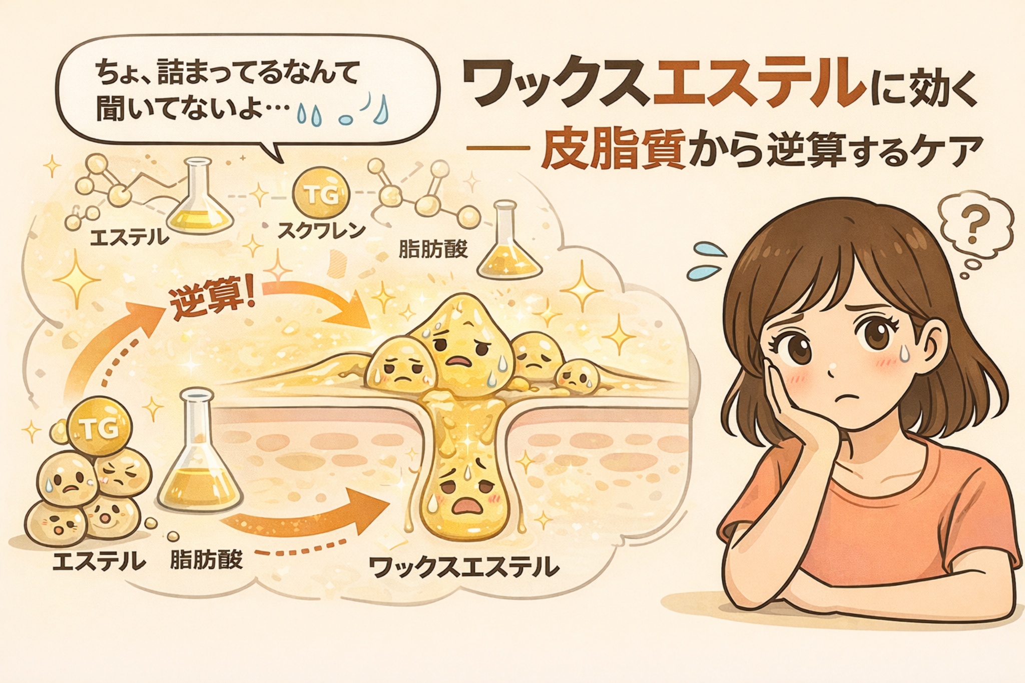 ワックスエステルに着目した黒ずみケアを、皮脂成分から逆算して解説するイラスト。毛穴断面図で、トリグリセリド(TG)や脂肪酸、スクワレンなどの皮脂成分が反応してワックスエステル状に固まり、毛穴に詰まる過程が示されている。成分構造を「逆算」してケアを考える発想が描かれ、単に汚れを取るのではなく皮脂質の性質を理解することが重要であると伝える構図。