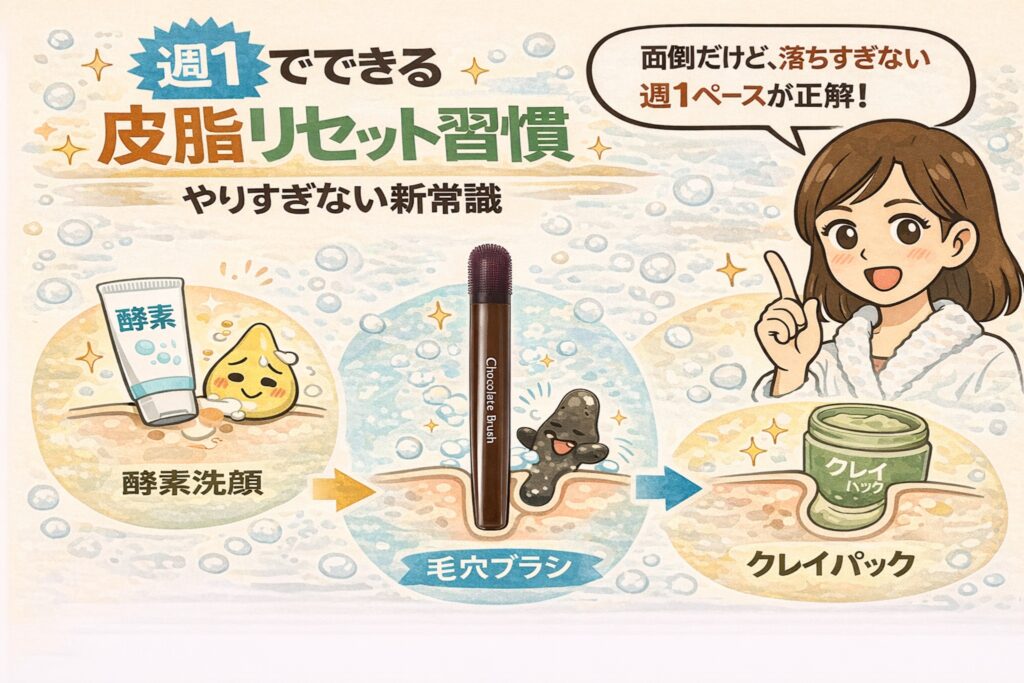 週1回で行う皮脂リセット習慣を解説するイラスト。左から酵素洗顔で皮脂をゆるめ、中央で毛穴ブラシを使って詰まりを動かし、右でクレイパックにより皮脂バランスを整える流れが矢印で示されている。上部には「やりすぎない新常識」「週1ペースが正解」というメッセージがあり、毛穴ケアは落としすぎず定期的に整えることが重要であると伝える構図。