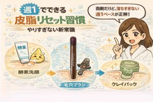 週1回で行う皮脂リセット習慣を解説するイラスト。左から酵素洗顔で皮脂をゆるめ、中央で毛穴ブラシを使って詰まりを動かし、右でクレイパックにより皮脂バランスを整える流れが矢印で示されている。上部には「やりすぎない新常識」「週1ペースが正解」というメッセージがあり、毛穴ケアは落としすぎず定期的に整えることが重要であると伝える構図。