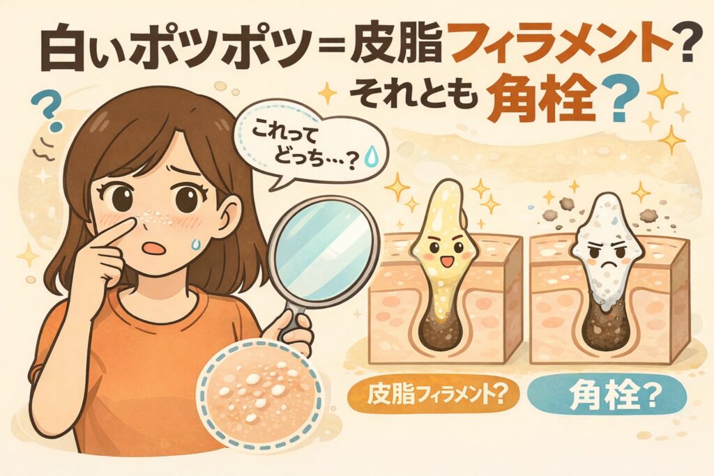 鼻の白いポツポツに悩む女性が鏡で確認しているイラスト。右側には毛穴断面の図解が描かれ、黄色く柔らかい皮脂フィラメントと、白く固まった角栓が対比されている。「白いポツポツ＝皮脂フィラメント？それとも角栓？」というテキストがあり、違いを解説する構造理解用のビジュアル。