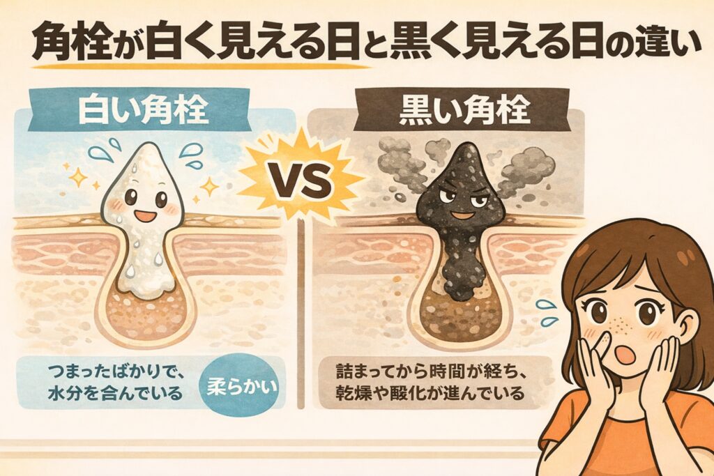 角栓が白く見える日と黒く見える日の違いを解説する図解イラスト。左に水分を含んだ詰まりたての白い角栓、右に時間経過で乾燥・酸化が進んだ黒い角栓を毛穴断面で対比し、違いに驚く女性キャラクターが描かれている。
