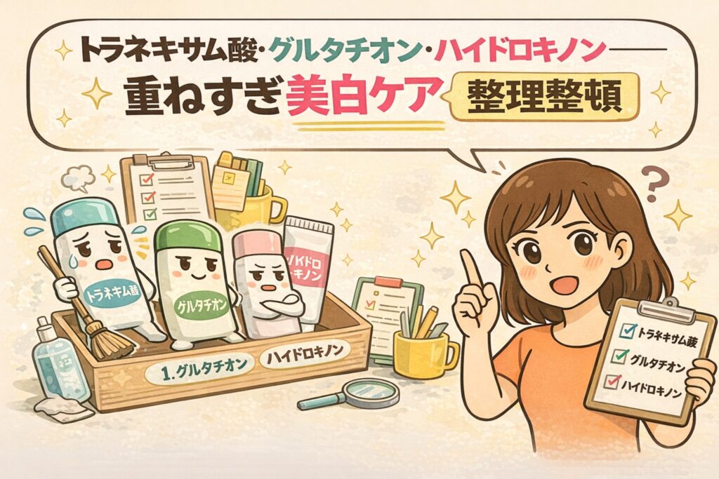 トラネキサム酸・グルタチオン・ハイドロキノンを重ねすぎた美白ケアを整理する解説イラスト。複数の美白成分が箱にまとめられ、チェックリストで整理される様子と、指差しで注意点を説明する女性が描かれ、成分の重ねすぎを見直す考え方を分かりやすく示している。