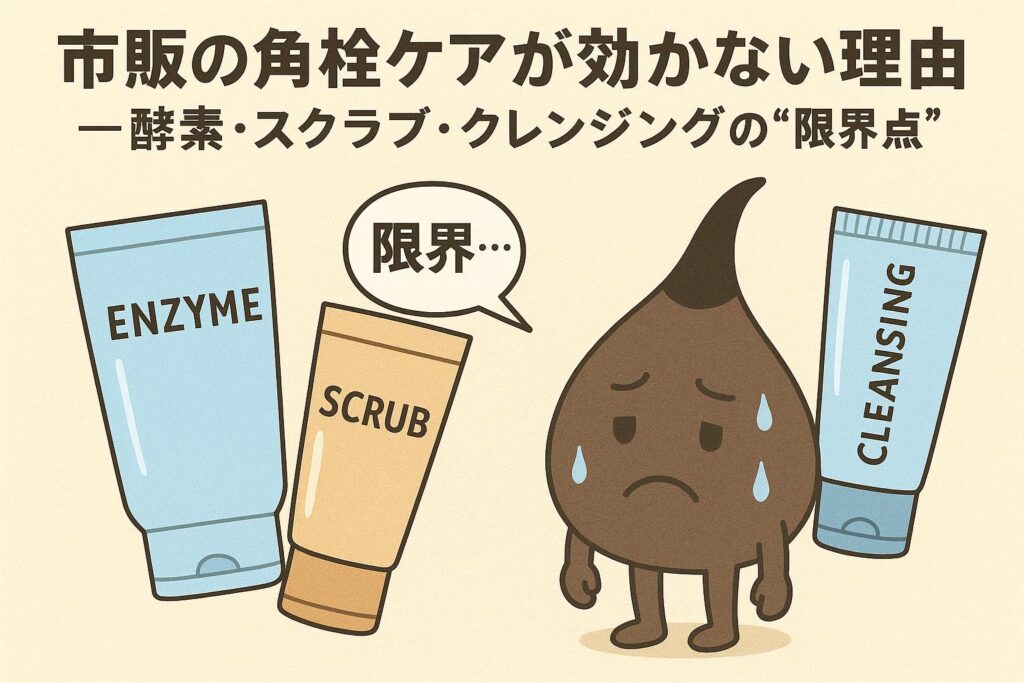 「市販の角栓ケアが効かない理由──酵素・スクラブ・クレンジングの“限界点”」を説明するイラスト。 左側には“ENZYME（酵素）・SCRUB（スクラブ）・CLEANSING（クレンジング）”と書かれた3つのチューブが並び、真ん中のスクラブが「限界…」と言っている吹き出しが付いている。 右側には大きな角栓キャラクターが汗をかきながら落ち込んだ表情を見せ、市販ケアでは角栓の芯や深部にアプローチできず“根本的に取れない”ことを象徴。 酵素・スクラブ・クレンジングが届く範囲には限界があり、角栓の分厚いタンパク質層を崩せない仕組みを示す構成。