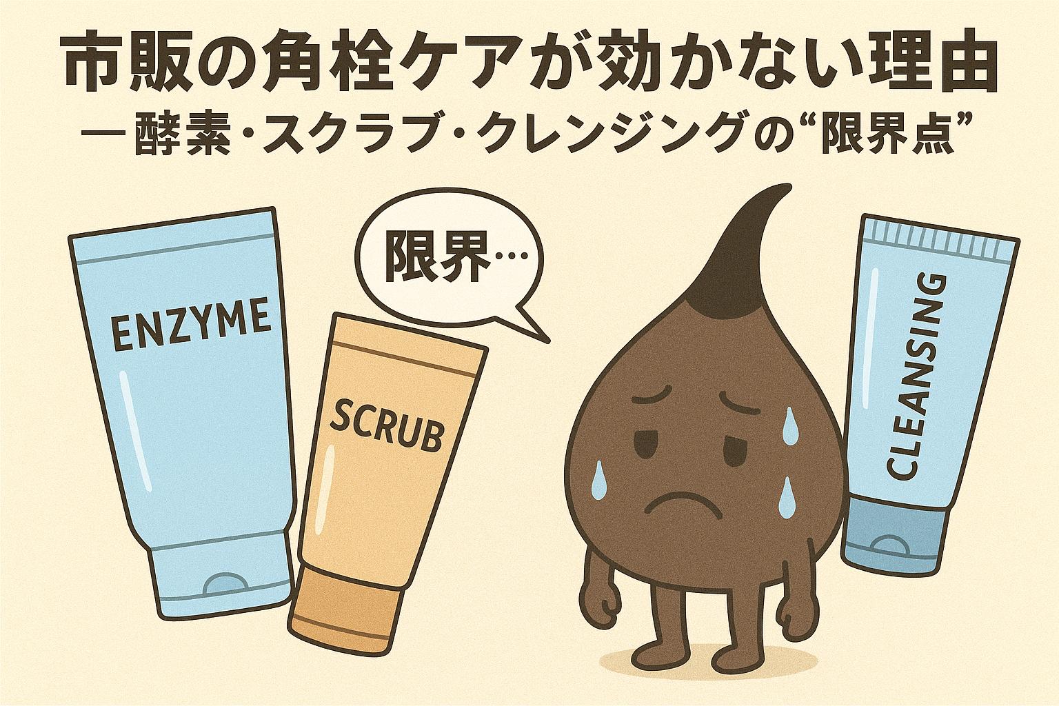 「市販の角栓ケアが効かない理由──酵素・スクラブ・クレンジングの“限界点”」を説明するイラスト。 左側には“ENZYME(酵素)・SCRUB(スクラブ)・CLEANSING(クレンジング)”と書かれた3つのチューブが並び、真ん中のスクラブが「限界…」と言っている吹き出しが付いている。 右側には大きな角栓キャラクターが汗をかきながら落ち込んだ表情を見せ、市販ケアでは角栓の芯や深部にアプローチできず“根本的に取れない”ことを象徴。 酵素・スクラブ・クレンジングが届く範囲には限界があり、角栓の分厚いタンパク質層を崩せない仕組みを示す構成。