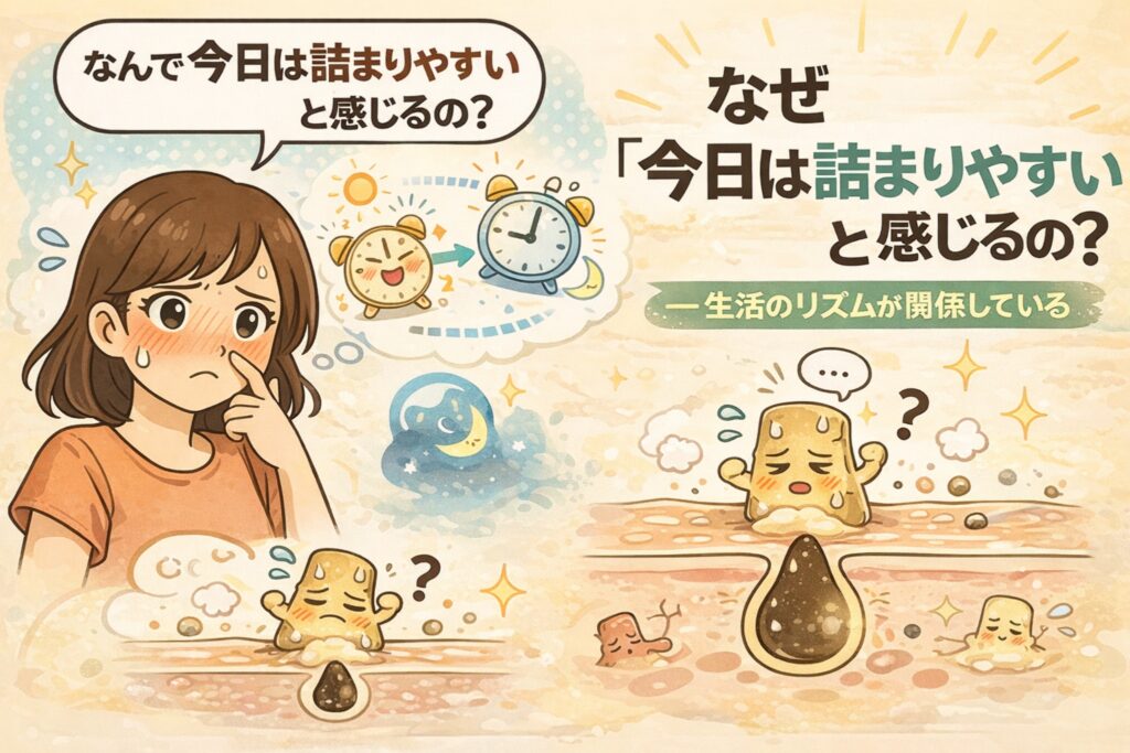 「今日は毛穴が詰まりやすい」と感じる理由を、生活リズムとの関係で解説した図解イラスト。毛穴の詰まりを気にする女性と、体内時計や昼夜のリズムを示すアイコン、毛穴断面図を用いて、皮脂分泌や排出リズムの変化によって詰まり感が強まる仕組みを表現している。日によって毛穴状態が違って感じる理由をやさしく説明する教育的ビジュアル。