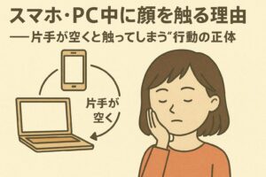 「スマホ・PC中に顔を触る理由──片手が空くと触ってしまう“行動の正体”」を説明するイラスト。 左側にはスマホとPCが描かれ、両者を矢印でつないだ円形の図の中に「片手が空く」という文字。 右側には、スマホやPCを使いながら無意識に顔を触る女性が、目を閉じて頬に手を当てている。 片手が余る状況が顔を触る無意識行動を引き起こすことを示す構成。