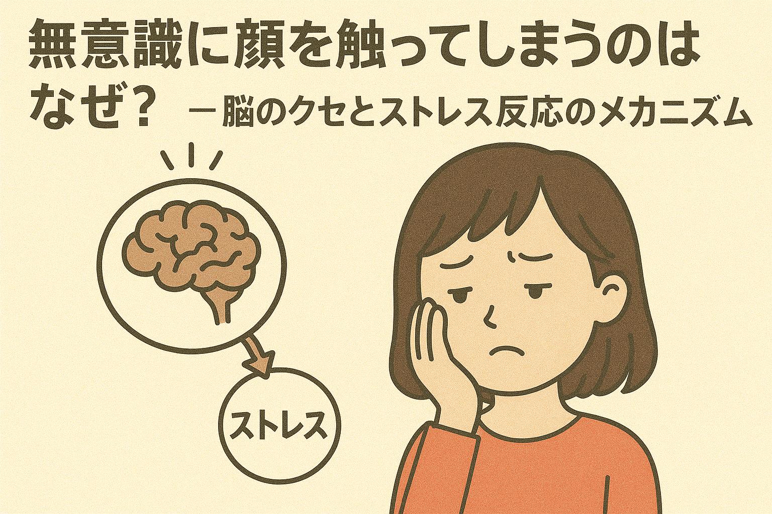 「無意識に顔を触ってしまうのはなぜ?──脳のクセとストレス反応のメカニズム」を説明するイラスト。 左側には脳のイラストと「ストレス」と書かれた吹き出しが矢印でつながり、ストレスによる無意識の行動が発生する仕組みを示している。 右側には、頬を無意識に触りながら悩む表情の女性。 顔を触る癖は“意志の問題”ではなく、脳がストレスを処理しようとする自動反応であることを視覚的に解説する構成。