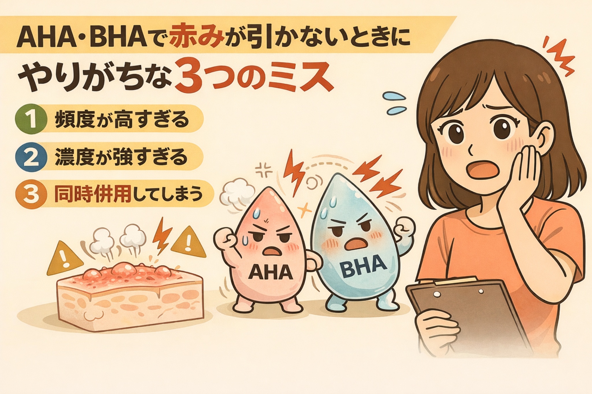 AHA・BHAを使っても赤みが引かないときにやりがちな3つのミスを解説するイラスト。使用頻度が高すぎる、濃度が強すぎる、AHAとBHAを同時併用してしまうというポイントを番号付きで示し、刺激を受けた肌断面やAHA・BHAの擬人化キャラクター、判断に迷う女性が描かれている。赤みが続く原因を分かりやすく整理した構図。