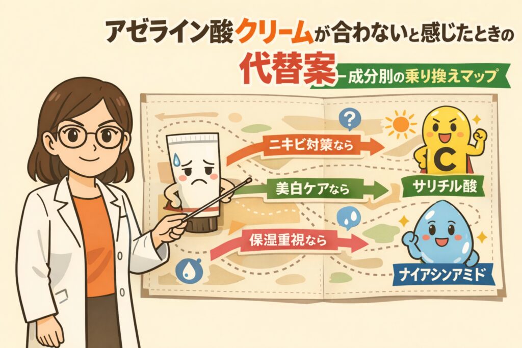 アゼライン酸クリームが合わないと感じたときの代替案を、成分別に整理した乗り換えマップのイラスト。左に白衣を着た女性が地図を指し示し、中央にはアゼライン酸クリームのキャラクター。右側には目的別の分岐として、ニキビ対策はサリチル酸、美白ケアはビタミンC、保湿重視はナイアシンアミドへ切り替える流れが矢印で示されている。成分選びの判断基準を視覚的に解説する構図。
