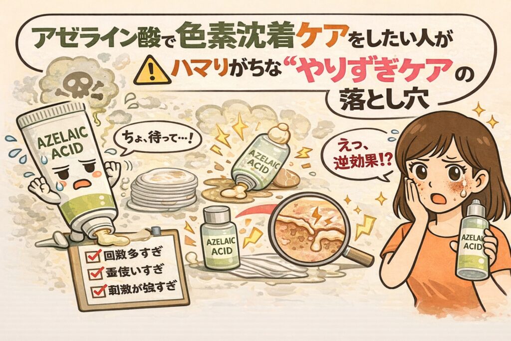 アゼライン酸で色素沈着ケアをしたい人が陥りがちな「やりすぎケア」の落とし穴を解説するイラスト。左にアゼライン酸のチューブキャラクターと注意マーク、中央に使いすぎ（回数が多い・重ねすぎ・刺激が強すぎ）を示すチェックリストと肌ダメージの拡大図が描かれている。右側では頬の赤みや刺激に驚く女性が「逆効果!?」と戸惑う様子が描かれ、過剰使用が色素沈着を悪化させる可能性を示している。