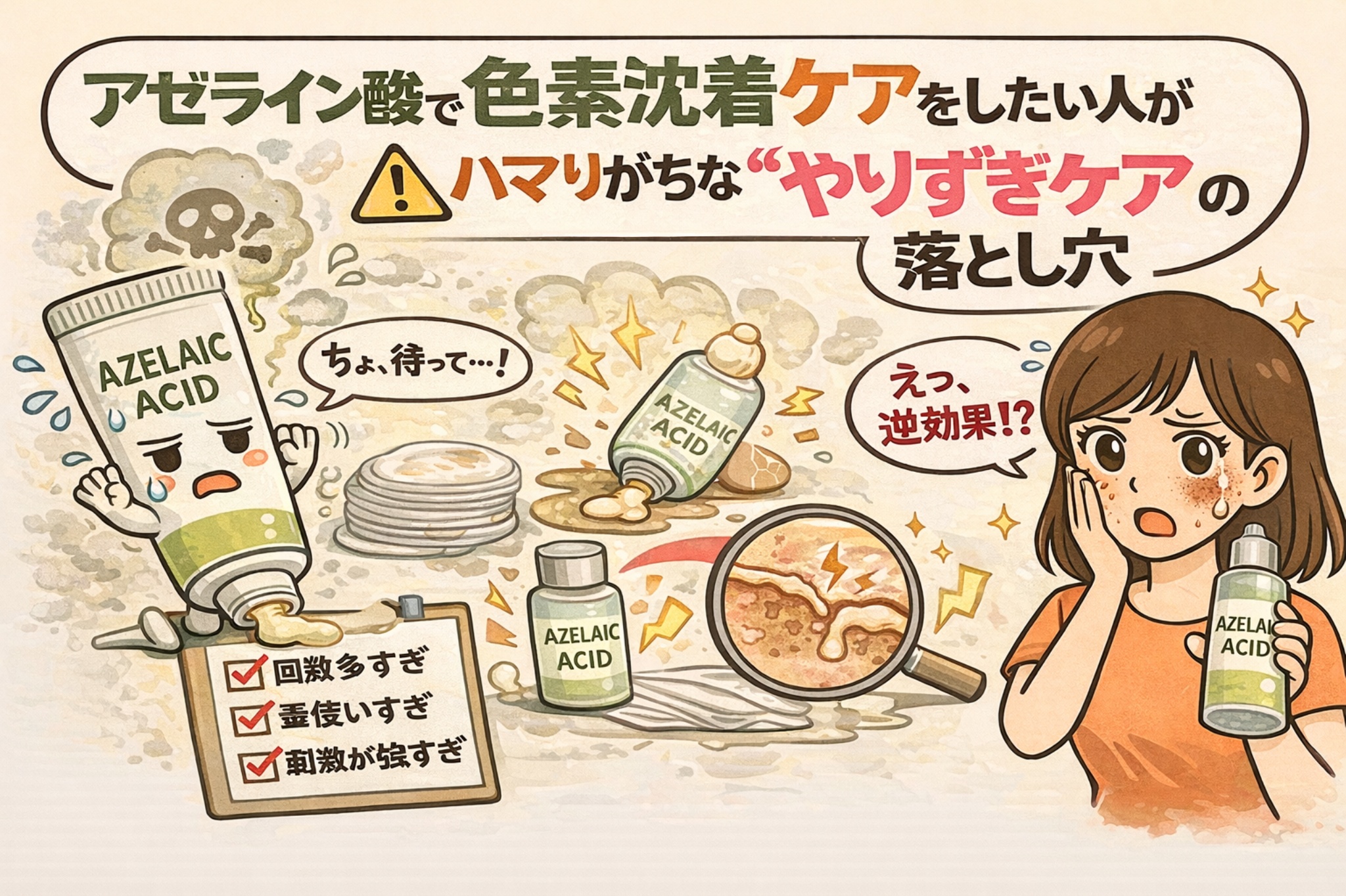 アゼライン酸で色素沈着ケアをしたい人が陥りがちな「やりすぎケア」の落とし穴を解説するイラスト。左にアゼライン酸のチューブキャラクターと注意マーク、中央に使いすぎ（回数が多い・重ねすぎ・刺激が強すぎ）を示すチェックリストと肌ダメージの拡大図が描かれている。右側では頬の赤みや刺激に驚く女性が「逆効果!?」と戸惑う様子が描かれ、過剰使用が色素沈着を悪化させる可能性を示している。