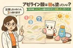 アゼライン酸は朝に塗ってよいかを解説するイラスト。左側に白衣を着た女性が「注意したいポイントは3つあります」と指差し、中央には番号付きのチェックポイントが描かれている。右側にはアゼライン酸クリーム、日焼け止め、メイク用品と太陽のイラストが並び、紫外線対策やメイクとの組み合わせで注意すべき点を示している。朝のアゼライン酸使用時の注意点を視覚的にまとめた構図。