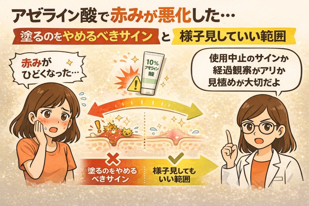 アゼライン酸使用後に赤みが悪化した場合の判断基準を解説した図解イラスト。赤みや刺激に悩む女性と白衣の専門家が登場し、「塗るのをやめるべきサイン」と「様子見してよい範囲」を色分けされた矢印と肌断面で比較している。アゼライン酸10％使用時の反応を例に、使用中止か経過観察かを見極める重要性を視覚的に示している。