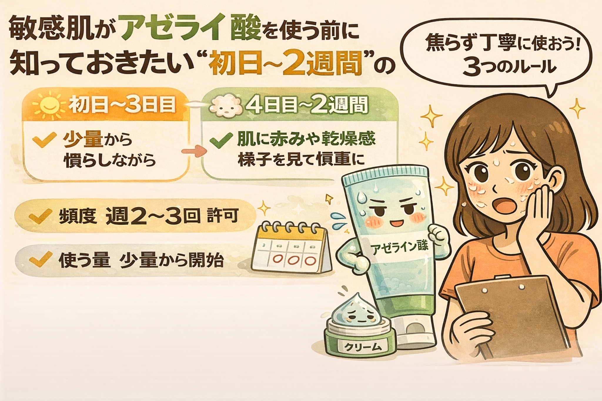 敏感肌がアゼライン酸を使う前に知っておきたい初日〜2週間の使い方を解説するイラスト。左側に「初日〜3日目」「4日目〜2週間」のステップが示され、少量から慣らすことや赤み・乾燥の様子を見ながら慎重に進めるポイントがチェック形式で描かれている。右側ではアゼライン酸のチューブと保湿クリーム、チェックボードを持った女性が「焦らず丁寧に使おう！」と注意点を確認している構図。