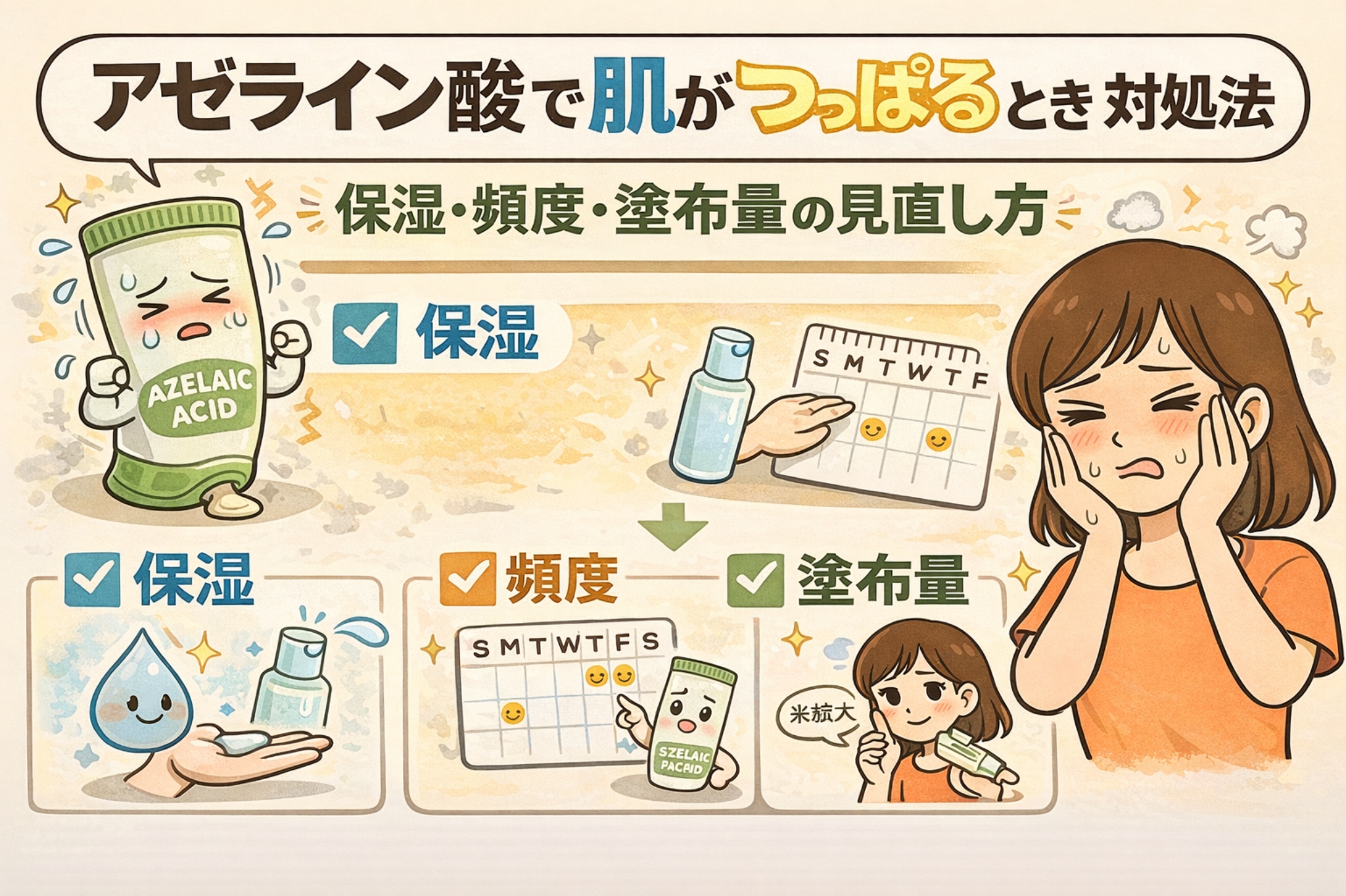 アゼライン酸使用で肌がつっぱるときの対処法を解説するイラスト。左にアゼライン酸のチューブキャラクター、中央に「保湿・頻度・塗布量」の見直しポイントがチェック形式で示されている。下段では保湿ケア、使用頻度の調整、塗布量を米粒大にする目安が図解され、右側では頬を押さえてつっぱり感に悩む女性が描かれている。アゼライン酸による乾燥対策を視覚的に説明する構図。