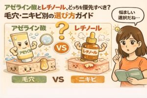 アゼライン酸とレチノールを比較し、毛穴・ニキビ別の選び方を解説するイラスト。左にアゼライン酸のチューブキャラクターが毛穴詰まりに働きかける様子、右にレチノールのボトルキャラクターがニキビ肌に作用する断面図が描かれ、「VS」で対比されている。上部には「アゼライン酸とレチノール、どっちを優先すべき？毛穴・ニキビ別の選び方ガイド」という見出しがあり、右側で本を持って悩む女性が描かれている。