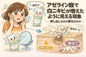 アゼライン酸を使用した後に白ニキビが増えたように見える理由を解説する図解イラスト。頬を気にする女性とアゼライン酸チューブの擬人化キャラクター、毛穴断面図を用いて、角栓や皮脂が押し出される「押し出し（パージ）」と、本当に悪化しているケースの違いを示している。使用継続の判断ポイントを分かりやすく説明する教育的ビジュアル。