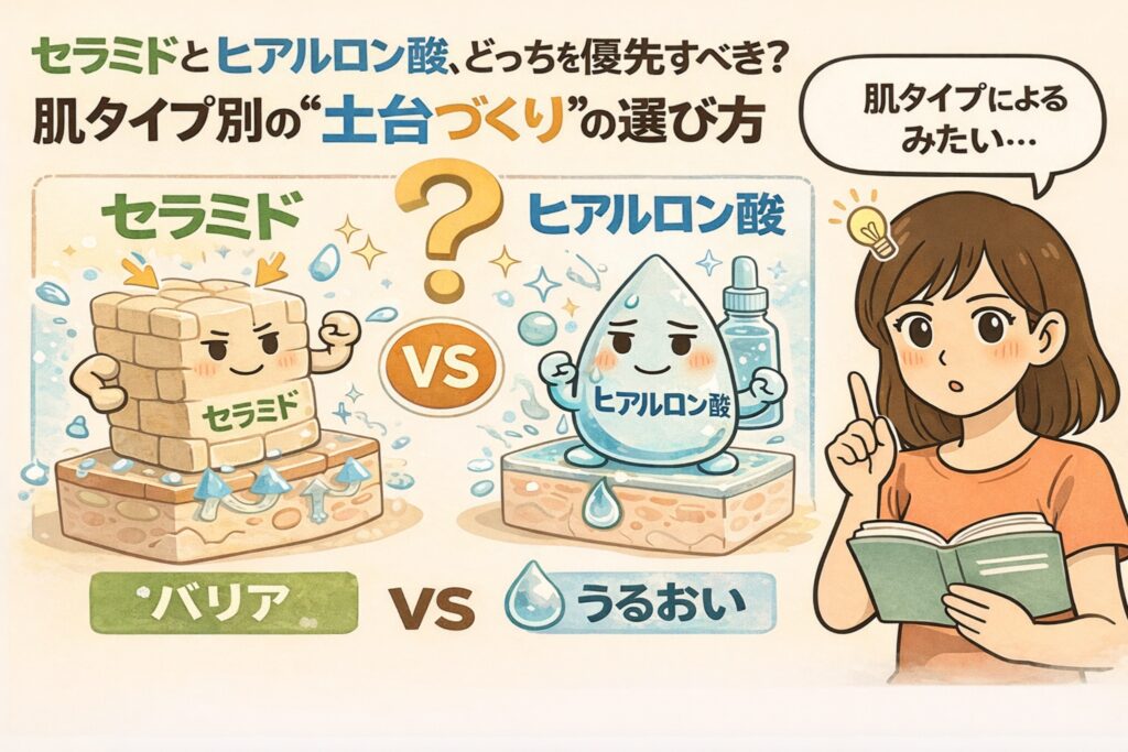 セラミドとヒアルロン酸を比較するスキンケアイラスト。左にレンガ状でバリア機能を象徴するセラミド、右に水滴キャラクターでうるおいを表すヒアルロン酸が「VS」で対比されている。上部には「セラミドとヒアルロン酸、どっちを優先すべき？肌タイプ別の土台づくりの選び方」という見出しがあり、右側には本を持って考える女性が描かれている。
