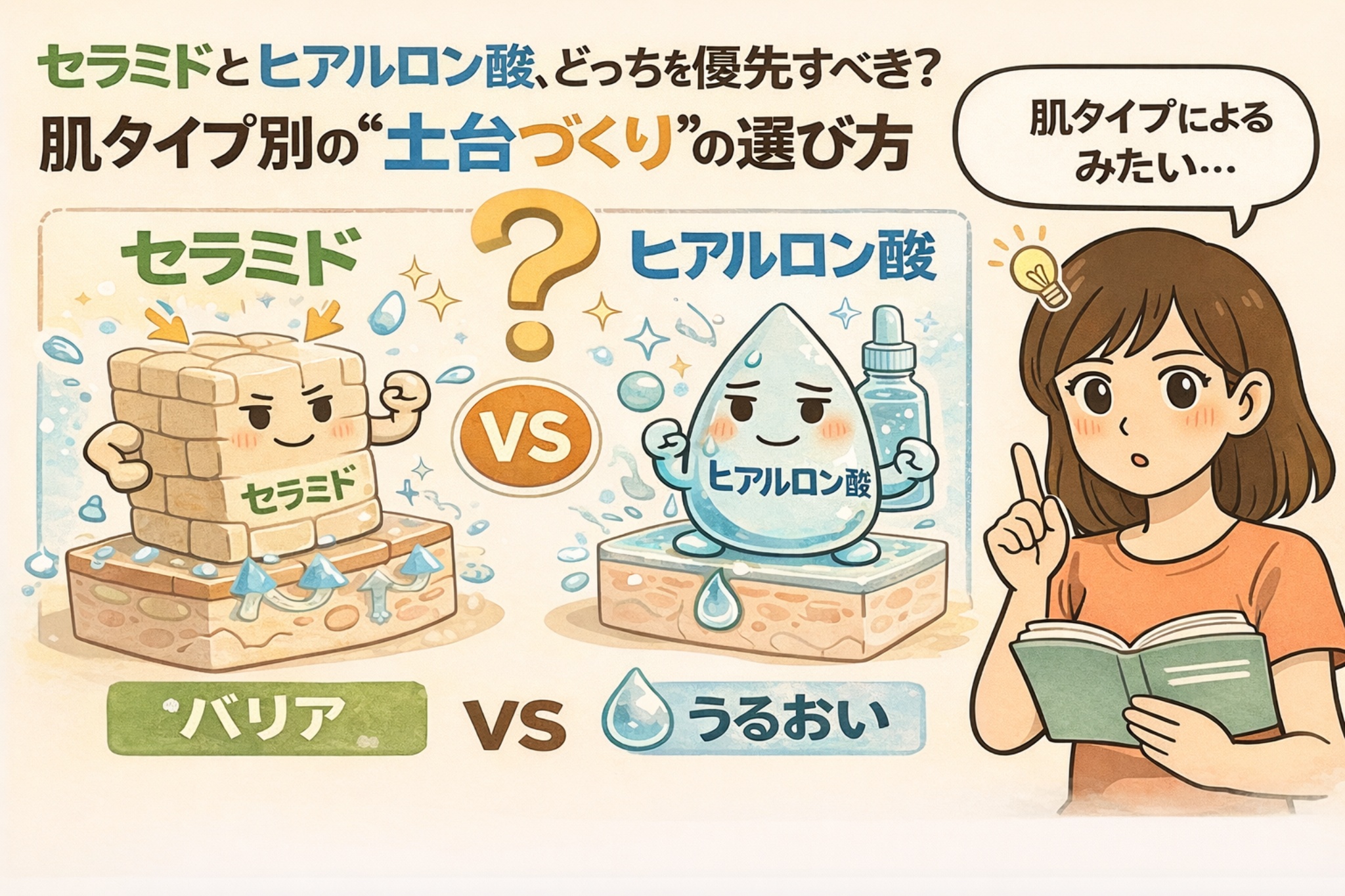セラミドとヒアルロン酸を比較するスキンケアイラスト。左にレンガ状でバリア機能を象徴するセラミド、右に水滴キャラクターでうるおいを表すヒアルロン酸が「VS」で対比されている。上部には「セラミドとヒアルロン酸、どっちを優先すべき？肌タイプ別の土台づくりの選び方」という見出しがあり、右側には本を持って考える女性が描かれている。