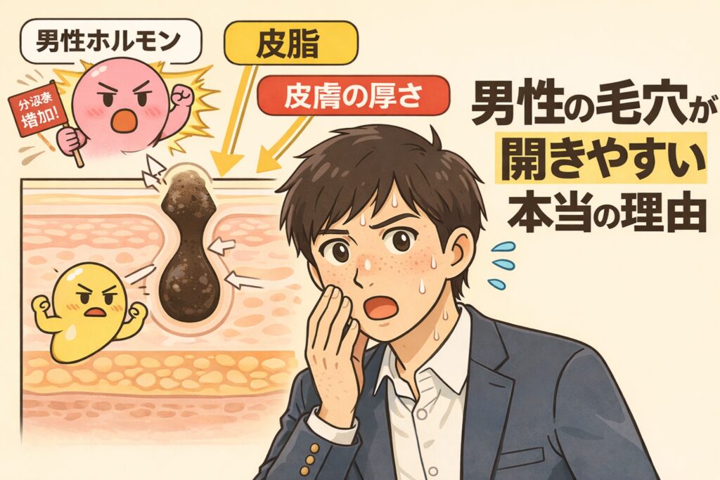 男性の毛穴が開きやすい本当の理由を解説するイラスト。男性ホルモンによる皮脂分泌の増加、皮膚の厚さと硬さが毛穴を押し広げる構造が、毛穴断面図と矢印で示されている。汗をかいて毛穴を気にする男性の表情と、皮脂や角栓を擬人化したキャラクターが描かれ、男性特有の肌構造が開き毛穴につながる仕組みを視覚的にわかりやすく伝えている。