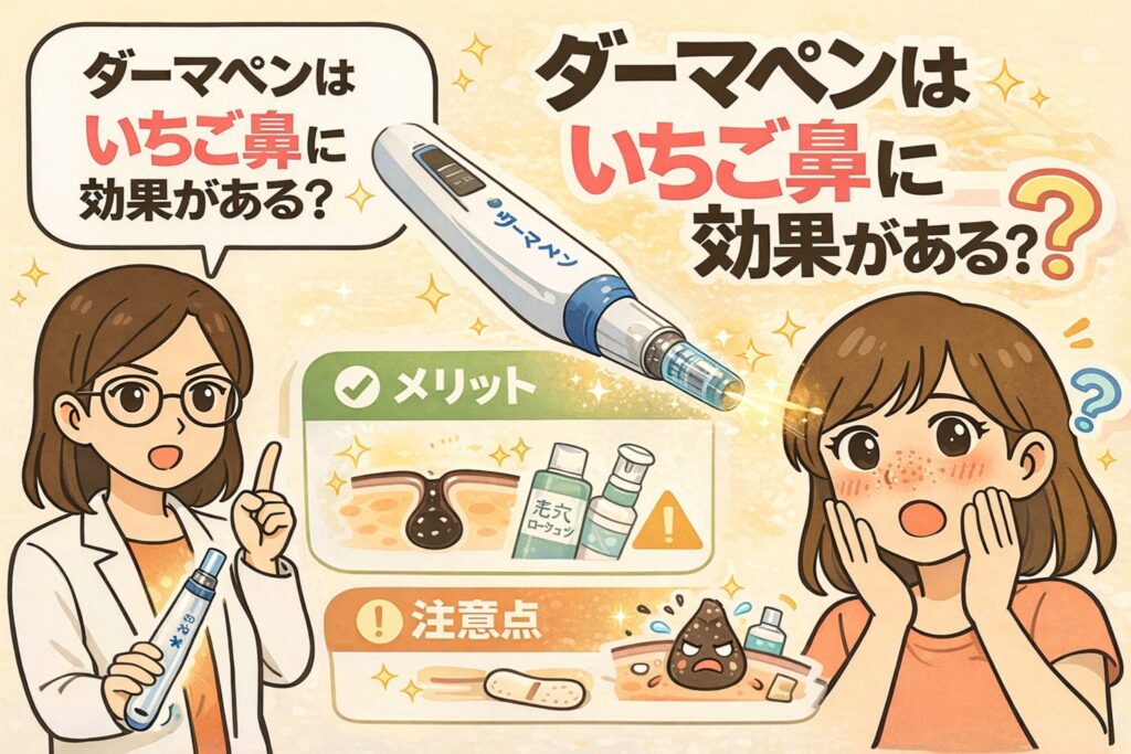 ダーマペンはいちご鼻に効果があるのかを解説するイラスト。左側には白衣を着た女性がダーマペンを手に持ち、効果と注意点を説明している。中央にはダーマペンの機器と「メリット」「注意点」の比較図があり、毛穴や角栓への影響を示している。右側では、鼻の毛穴に悩み驚いた表情の女性が描かれ、「ダーマペンはいちご鼻に効果がある？」という疑問を視覚的に伝える構成になっている。