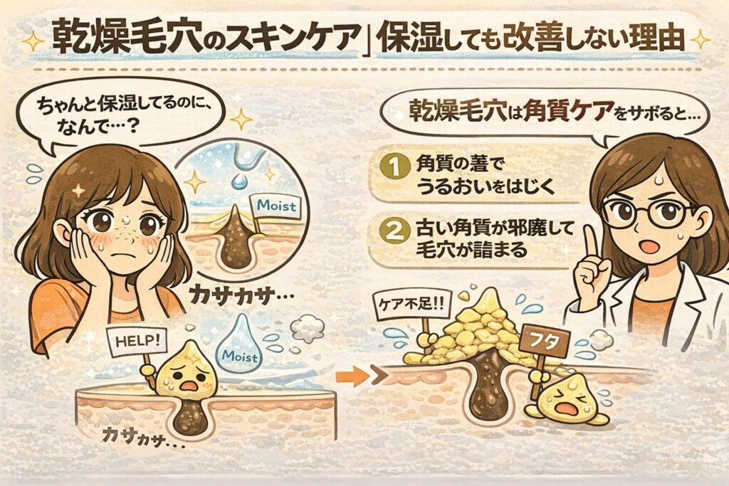 乾燥毛穴のスキンケアについて、保湿しても改善しない理由を解説するイラスト。左側では「ちゃんと保湿しているのに、なぜ？」と悩む女性と、乾燥してカサついた毛穴断面図が描かれている。右側では白衣を着た女性が、角質ケアが不足すると「角質の蓋でうるおいをはじく」「古い角質が邪魔して毛穴が詰まる」という2つの原因を説明している。乾燥毛穴には保湿だけでなく角質ケアのサポートが重要であることを視覚的に伝える構成。