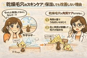 乾燥毛穴のスキンケアについて、保湿しても改善しない理由を解説するイラスト。左側では「ちゃんと保湿しているのに、なぜ？」と悩む女性と、乾燥してカサついた毛穴断面図が描かれている。右側では白衣を着た女性が、角質ケアが不足すると「角質の蓋でうるおいをはじく」「古い角質が邪魔して毛穴が詰まる」という2つの原因を説明している。乾燥毛穴には保湿だけでなく角質ケアのサポートが重要であることを視覚的に伝える構成。