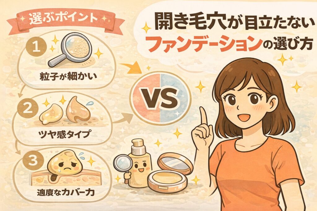 開き毛穴が目立たないファンデーションの選び方を解説するイラスト。「粒子が細かい」「ツヤ感タイプ」「適度なカバー力」という3つのポイントが番号付きで示され、毛穴を埋めすぎず自然にぼかす考え方が視覚化されている。右側では女性が指を立ててポイントを説明し、パウダーやリキッドファンデのイメージとともに、毛穴を強調しにくいファンデ選びのコツをわかりやすく伝えている。