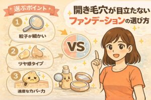 開き毛穴が目立たないファンデーションの選び方を解説するイラスト。「粒子が細かい」「ツヤ感タイプ」「適度なカバー力」という3つのポイントが番号付きで示され、毛穴を埋めすぎず自然にぼかす考え方が視覚化されている。右側では女性が指を立ててポイントを説明し、パウダーやリキッドファンデのイメージとともに、毛穴を強調しにくいファンデ選びのコツをわかりやすく伝えている。