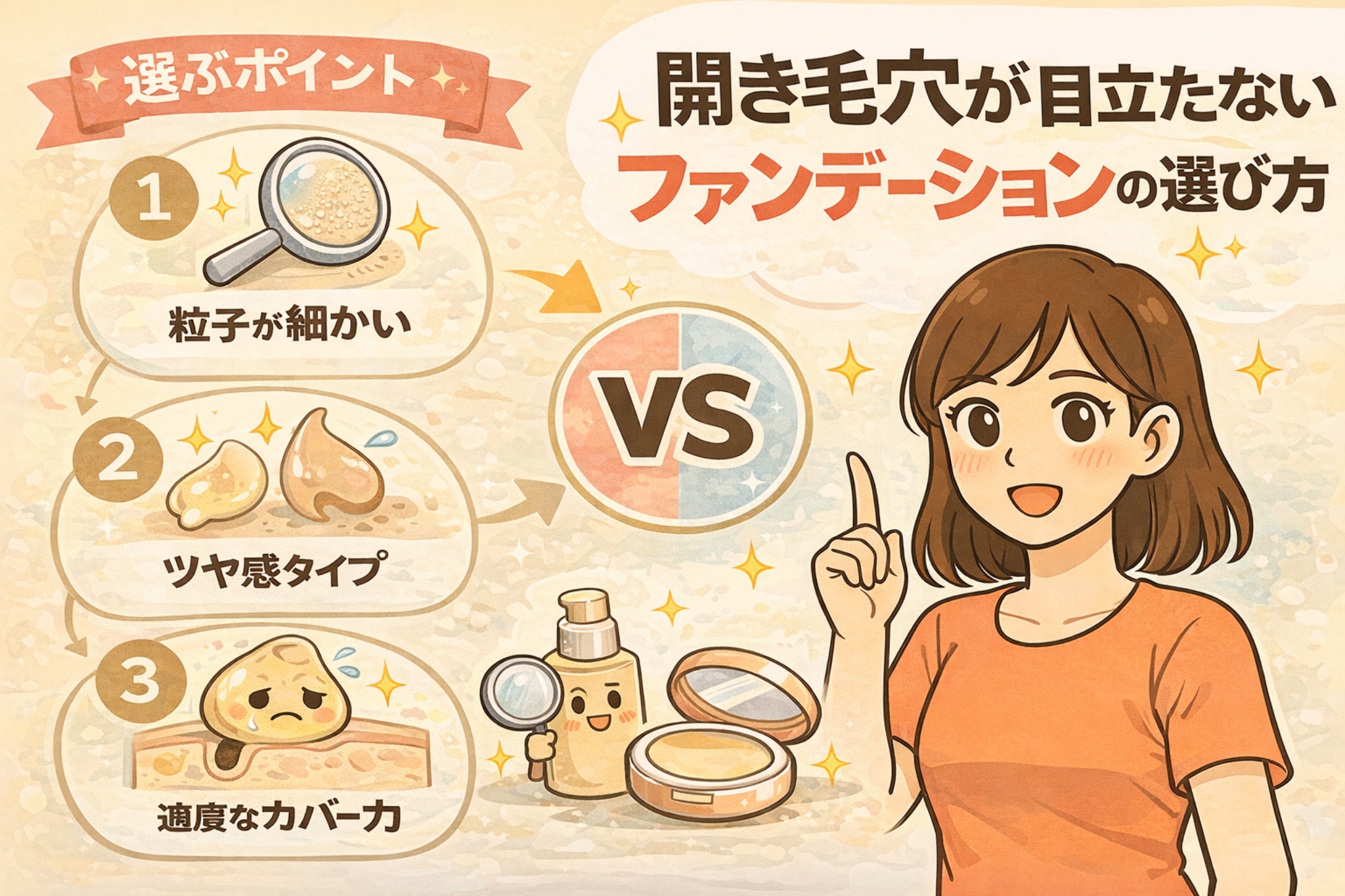 開き毛穴が目立たないファンデーションの選び方を解説するイラスト。「粒子が細かい」「ツヤ感タイプ」「適度なカバー力」という3つのポイントが番号付きで示され、毛穴を埋めすぎず自然にぼかす考え方が視覚化されている。右側では女性が指を立ててポイントを説明し、パウダーやリキッドファンデのイメージとともに、毛穴を強調しにくいファンデ選びのコツをわかりやすく伝えている。