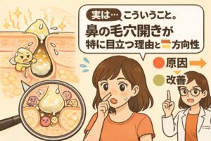 鼻の毛穴開きが特に目立ちやすい理由と、その改善の方向性を解説するイラスト。皮脂分泌が多く角栓がたまりやすい鼻の毛穴断面が強調され、拡大図では皮脂・汚れ・炎症が集まりやすい構造が描かれている。鼻を気にする女性と、原因と改善を整理して説明する白衣の女性が登場し、鼻の毛穴は構造的に目立ちやすいため、原因理解と適切な方向性のケアが重要であることを視覚的に伝えている。