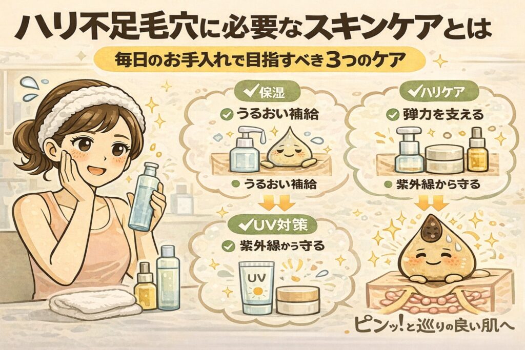 ハリ不足毛穴に必要なスキンケアを、毎日のお手入れで意識すべき3つのポイントとして解説するイラスト。保湿によるうるおい補給、ハリを支えるケア、紫外線から守るUV対策の3要素が図解され、スキンケアによって毛穴周りの肌にハリが生まれ、明るく整った印象になる流れが描かれている。日常ケアで目指すべき方向性を分かりやすく伝える構成。