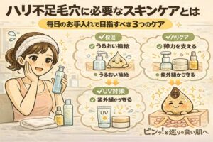 ハリ不足毛穴に必要なスキンケアを、毎日のお手入れで意識すべき3つのポイントとして解説するイラスト。保湿によるうるおい補給、ハリを支えるケア、紫外線から守るUV対策の3要素が図解され、スキンケアによって毛穴周りの肌にハリが生まれ、明るく整った印象になる流れが描かれている。日常ケアで目指すべき方向性を分かりやすく伝える構成。