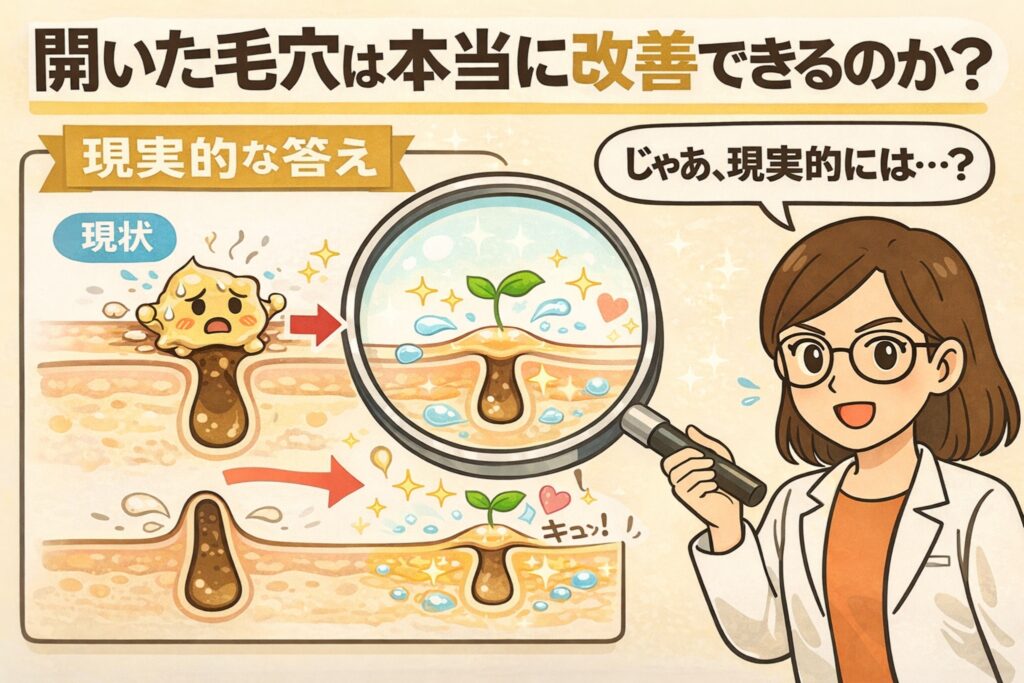 開いた毛穴は本当に改善できるのかという疑問に対し、現実的な考え方を解説するイラスト。毛穴の現状を示す断面図と、保湿や皮脂バランスを整えることで毛穴の状態が落ち着いた様子が、拡大鏡を使って比較表示されている。白衣と眼鏡の女性が「じゃあ、現実的には？」と問いかける構図で、毛穴は完全に消すのではなく、肌環境を整えることで目立ちにくくするという現実的な改善イメージを視覚的に伝えている。
