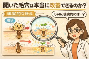 開いた毛穴は本当に改善できるのかという疑問に対し、現実的な考え方を解説するイラスト。毛穴の現状を示す断面図と、保湿や皮脂バランスを整えることで毛穴の状態が落ち着いた様子が、拡大鏡を使って比較表示されている。白衣と眼鏡の女性が「じゃあ、現実的には？」と問いかける構図で、毛穴は完全に消すのではなく、肌環境を整えることで目立ちにくくするという現実的な改善イメージを視覚的に伝えている。