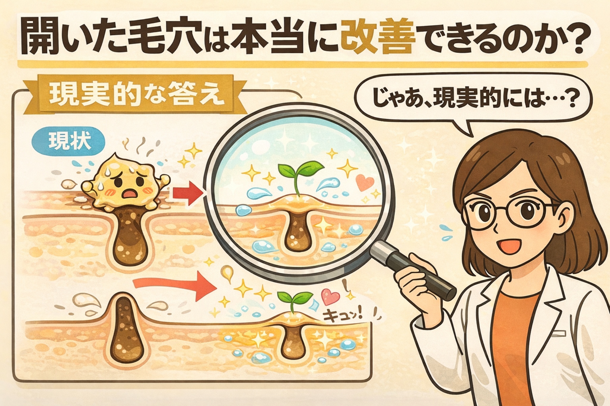 開いた毛穴は本当に改善できるのかという疑問に対し、現実的な考え方を解説するイラスト。毛穴の現状を示す断面図と、保湿や皮脂バランスを整えることで毛穴の状態が落ち着いた様子が、拡大鏡を使って比較表示されている。白衣と眼鏡の女性が「じゃあ、現実的には?」と問いかける構図で、毛穴は完全に消すのではなく、肌環境を整えることで目立ちにくくするという現実的な改善イメージを視覚的に伝えている。