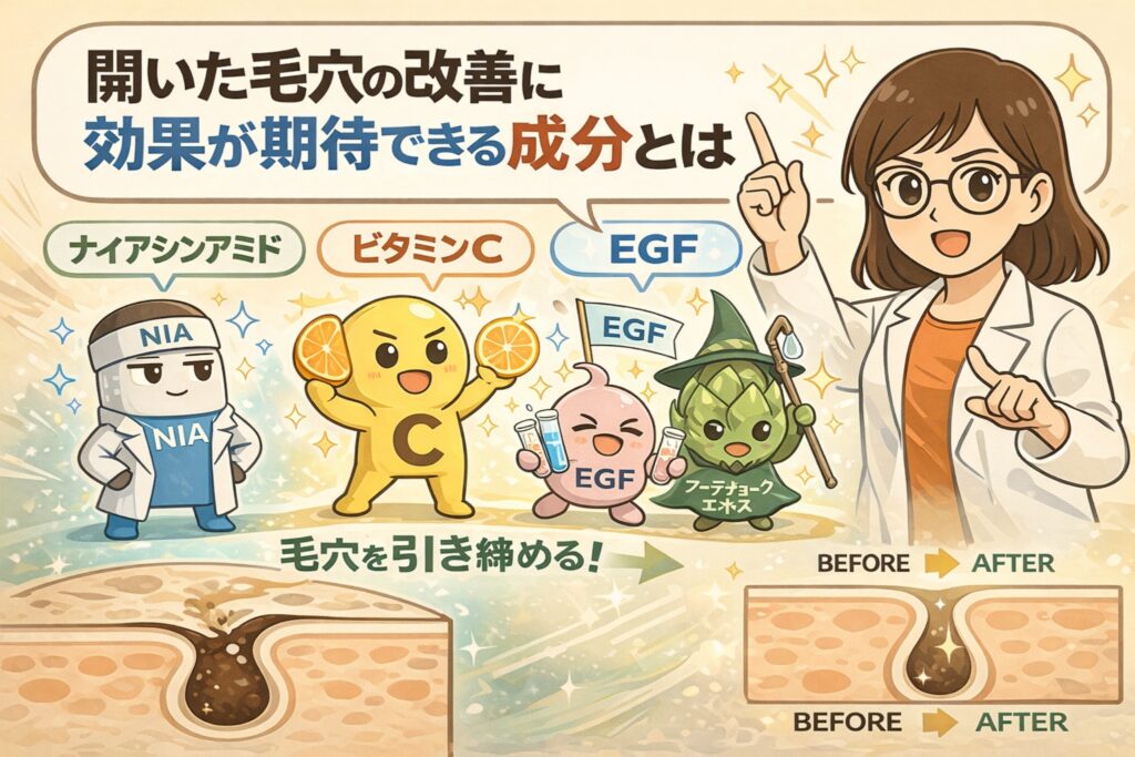 開いた毛穴の改善に効果が期待できる成分を解説したイラスト。ナイアシンアミド、ビタミンC、EGF、フーチョークエキスといった成分が擬人化キャラクターとして描かれ、毛穴を引き締める働きを象徴的に表現している。白衣と眼鏡の女性が指差しで説明し、毛穴断面のビフォーアフター図とともに、成分による現実的な改善イメージをわかりやすく伝えている。