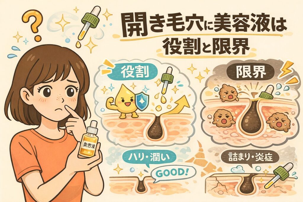 開き毛穴に対する美容液の役割と限界を解説するイラスト。美容液を手に悩む女性の横に、「役割」と「限界」が対比して描かれている。役割のパートでは、美容液が肌にうるおいやハリを与え、毛穴を目立ちにくくする様子が示されている。一方、限界のパートでは、角栓の詰まりや炎症など毛穴内部の構造的な問題までは美容液だけでは解決できないことが、毛穴断面図で表現されている。