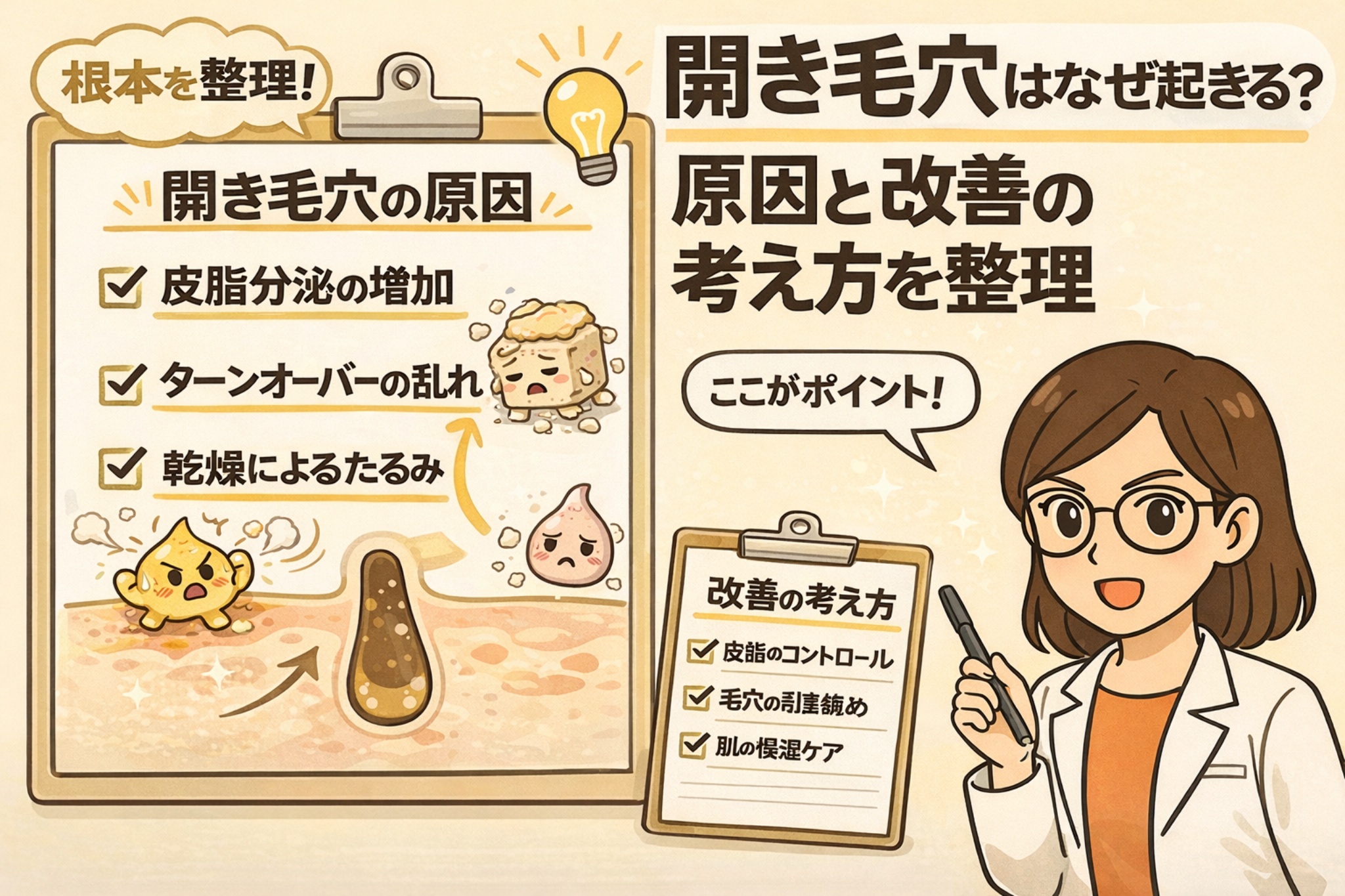 開き毛穴がなぜ起こるのか、その原因と改善の考え方を整理した解説イラスト。左側のボードには「皮脂分泌の増加」「ターンオーバーの乱れ」「乾燥によるたるみ」といった開き毛穴の主な原因がチェックリスト形式で示され、毛穴断面図と擬人化キャラクターで状態が表現されている。右側では白衣と眼鏡の女性が指差しで解説し、「皮脂のコントロール」「毛穴の引き締め」「肌の保湿ケア」といった改善の考え方をわかりやすく伝えている。
