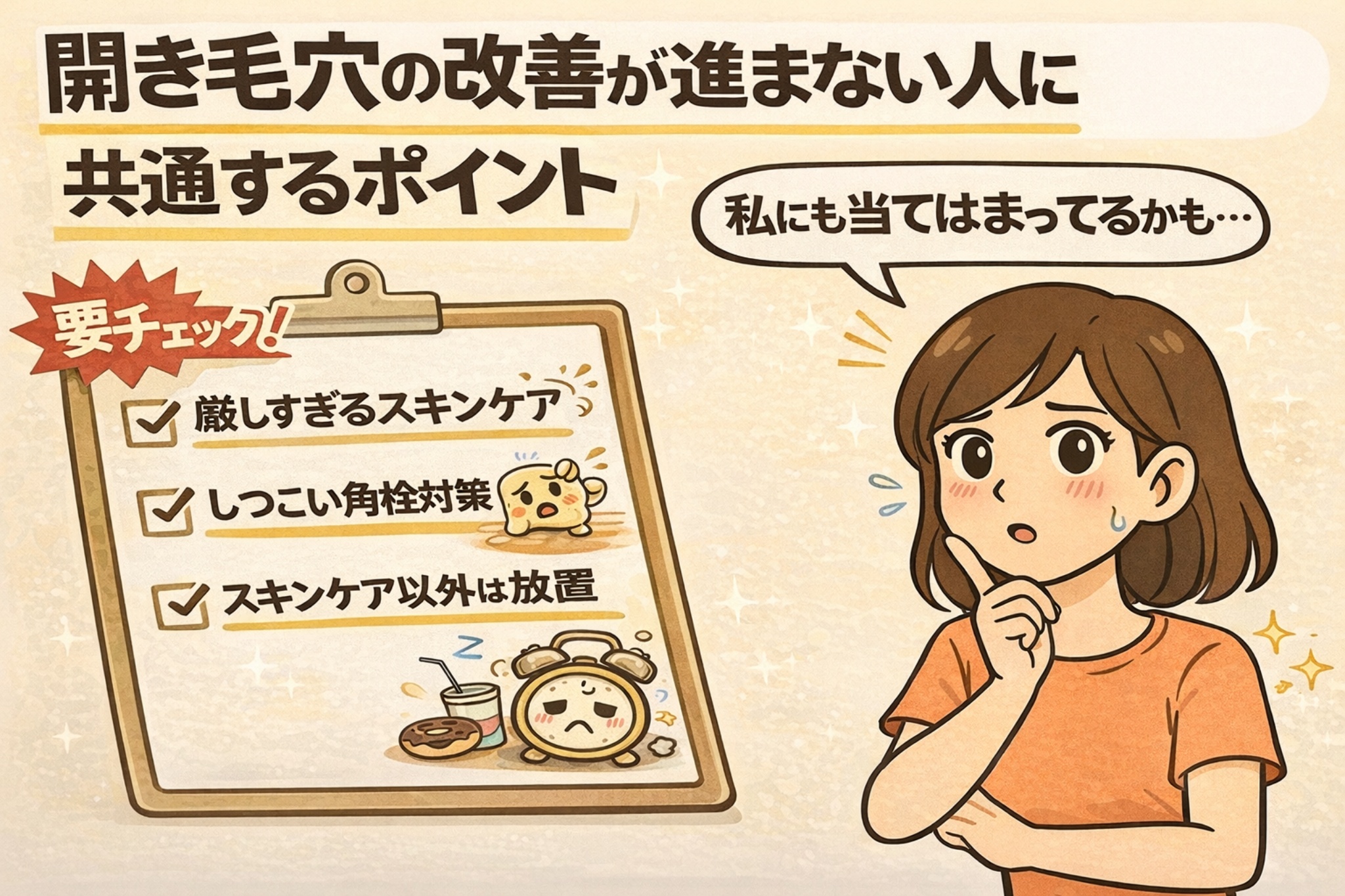 開き毛穴の改善がなかなか進まない人に共通するポイントを整理した解説イラスト。チェックリスト形式で「厳しすぎるスキンケア」「しつこい角栓対策」「スキンケア以外は放置」といった傾向が示され、擬人化キャラクターでその状態が表現されている。右側には悩んだ表情の女性が描かれ、「自分にも当てはまるかも」と気づきを促す構図になっており、開き毛穴が改善しにくい理由を視覚的に伝えている。
