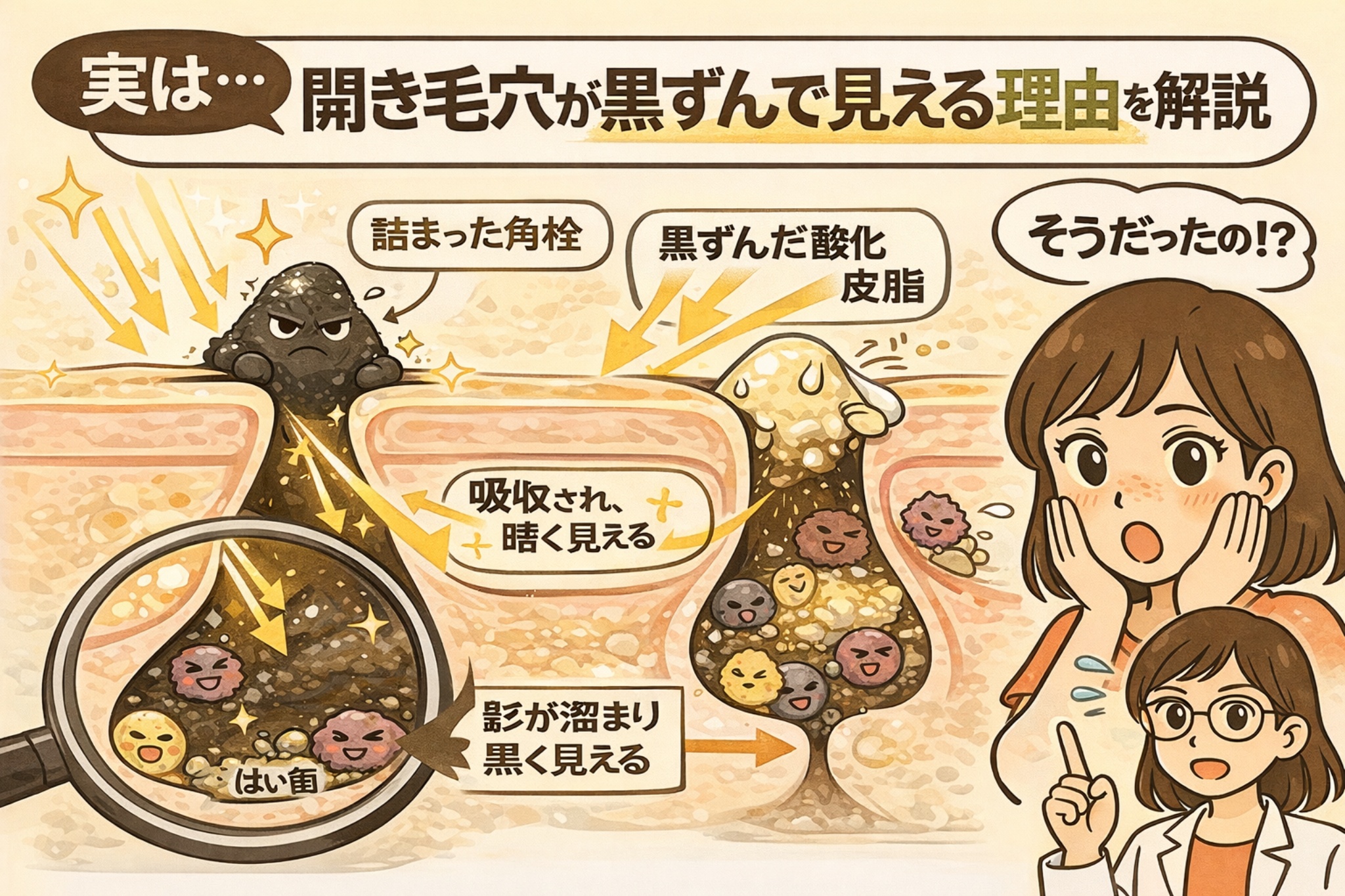 開き毛穴が黒ずんで見える理由を解説するイラスト。毛穴に詰まった角栓や酸化した皮脂が光を吸収し、影が溜まることで黒く見える仕組みが、毛穴断面図と拡大図で示されている。詰まった角栓、黒ずんだ酸化皮脂、影による視覚効果が段階的に描かれ、鼻を気にする女性と解説する白衣の女性が登場し、黒ずみと開き毛穴が同時に目立つ理由を視覚的にわかりやすく伝えている。