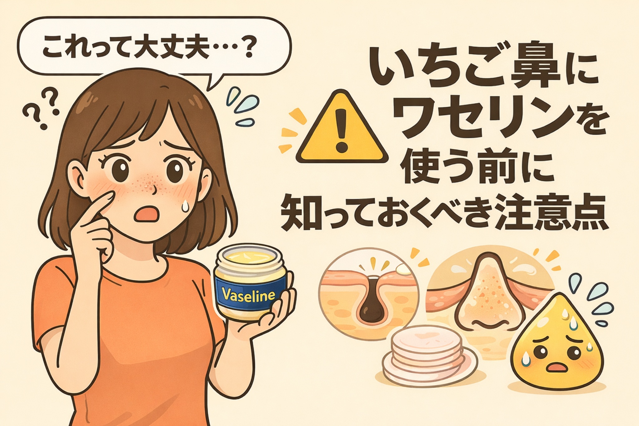 いちご鼻にワセリンを使ってよいか不安そうな女性のイラスト。鼻の赤みと毛穴の詰まりを指さしながらワセリンの容器を持ち、「これって大丈夫…？」と吹き出しで疑問を表している。右側には「いちご鼻にワセリンを使う前に知っておくべき注意点」という見出しと、毛穴断面図や警告アイコンが描かれている。
