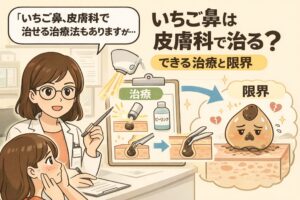 いちご鼻は皮膚科で治るのかを解説するイラスト。左側では皮膚科の診察室で医師が患者に説明しており、ピーリングなどの治療で角栓を除去する様子が図解されている。右側には「限界」と書かれた雲の中で、再び詰まってしまう角栓のキャラクターが描かれ、皮膚科治療でできることと継続ケアの必要性を対比して示している。「いちご鼻は皮膚科で治る？できる治療と限界」というテーマを視覚的に伝える構成。